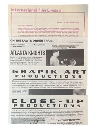 Collection of Advertising Flyers, Brochures, and Order Forms for gay pornographic films, magazines, photo sets, and sex products, ranging from 1985-1995