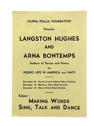 Item #1224 Promotional Broadside for Filippa Pollia Foundation Presents Langston Hughes and Arna...
