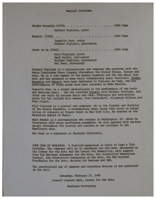 A lecture by John Cage. Saturday, February 27, 1988. Crowell Concert Hall, Center for the Arts. Wesleyan University