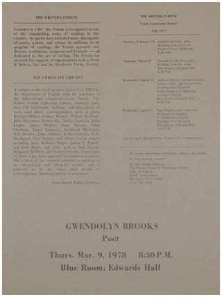 Program for a reading by Gwendolyn Brooks on March 9, 1978 as part of the Tenth Anniversary Season of The Writers Forum (Spring 1978).