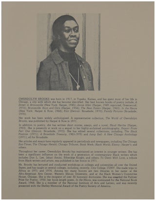Program for a reading by Gwendolyn Brooks on March 9, 1978 as part of the Tenth Anniversary Season of The Writers Forum (Spring 1978).