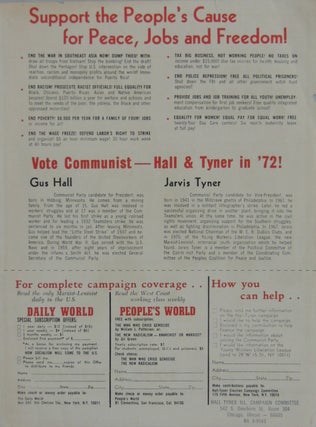 “Working People Need Their Own Candidates! Gus Hall for President, Jarvis Tyner for Vice-President" Flyer
