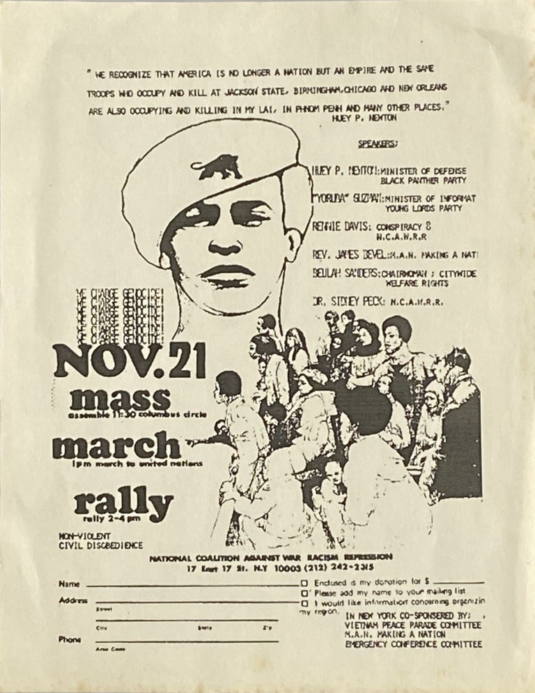 Item #670 NCAWRR [National Coalition Against War, Racism, Repression] Original 1970 Illustrated Mimeographed Broadside Flyer