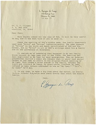 Item #755 L. Sprague de Camp TLS with Wonderful Content on Robert E. Howard
