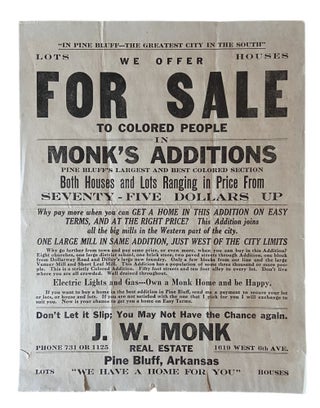 Item #941 1920s Handbill "For Sale to Colored People We Offer Lots/Houses in Monk’s Additions...